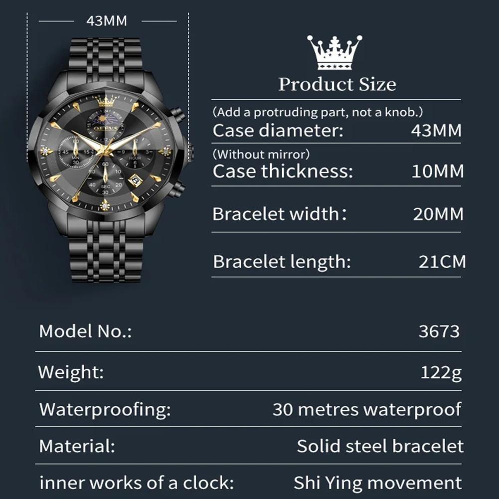 Mens Business Watch Fashion Quartz Watches Multifunctional Chronograph Waterproof Moon Phase Watch Mens Gifts
