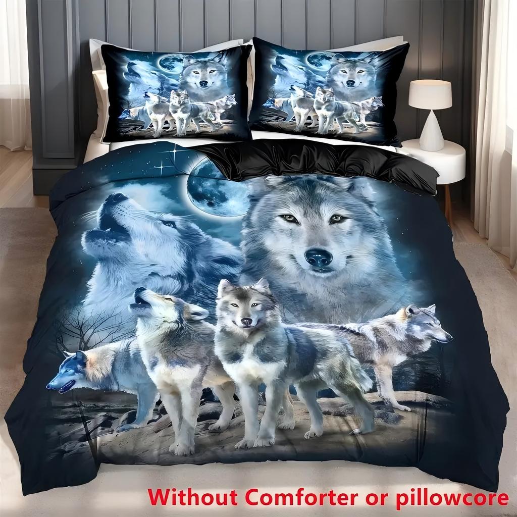 Moonlight Night Wolf 3D Print Quilt Cover Cartoon Wolf Duvet Comforter Polyester Soft Comfortable Night Sky Bedding Sheets Sets