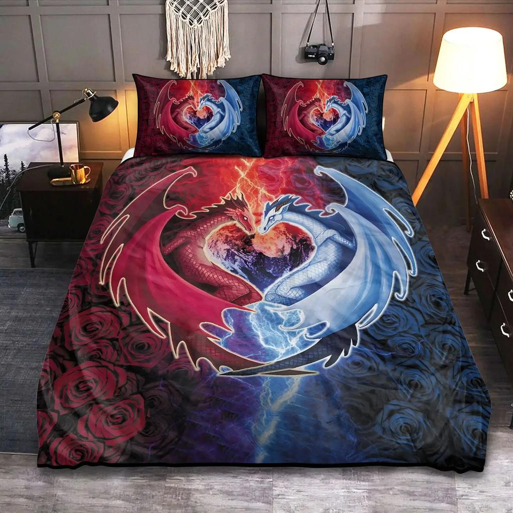 Dragon and Phoenix Duvet Cover Set Full Queen Size, Fantasy World Monster Gothic Bedding Sets Bohemian Mandala Comforter Cover
