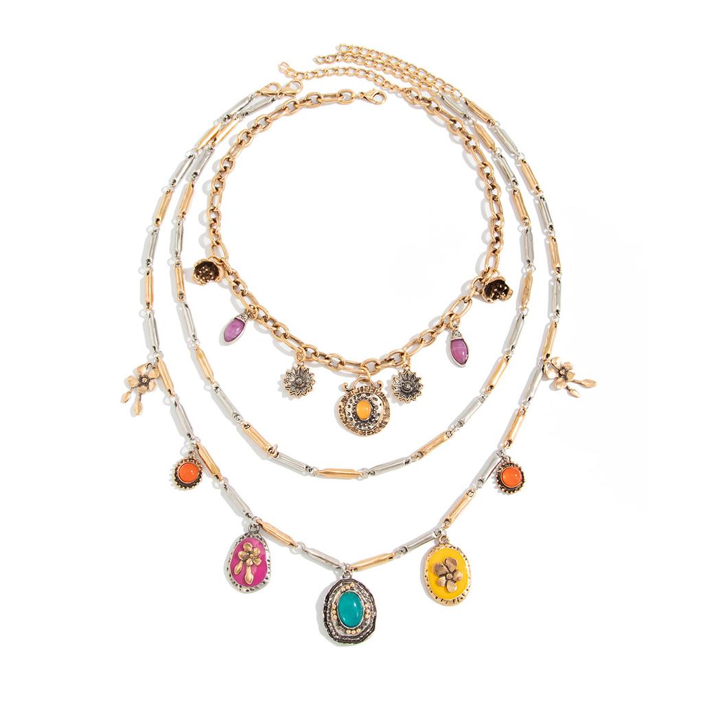 Retro Light Luxury Colored Gemstone Pendant Necklace, Ethnic Style Metal Dripping Oil Flower Stacking Necklace
