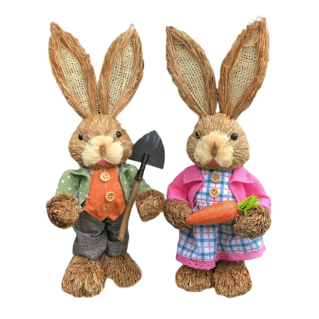 2Pcs Straw Easter Bunny Handmade Decoration 35cm Tall Handicraft Display Stylish