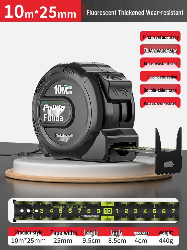 KT 5m Fluorescent Steel Tape Measure - Wear-Resistant, Self-Locking Ruler
