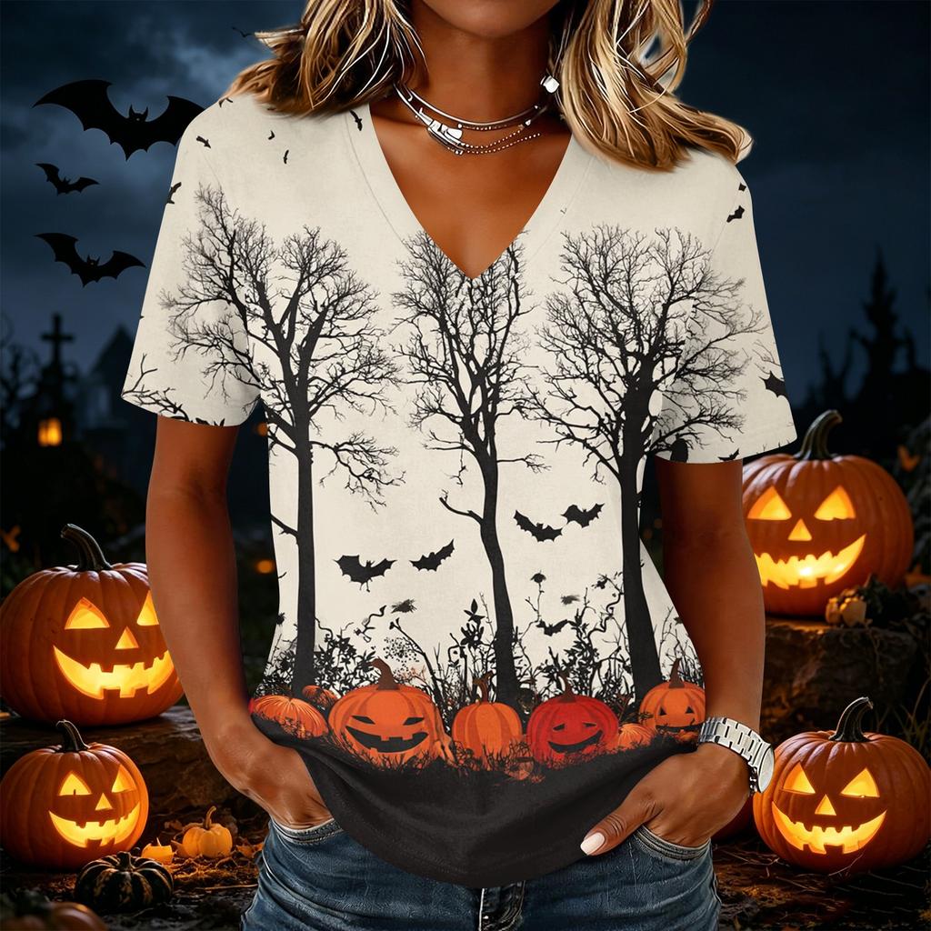 Women's Casual Short Sleeve Halloween Print V Neck Pullover Top Lightweight Comfortable Fit Seasonal Graphic Tee for Everyday Wear