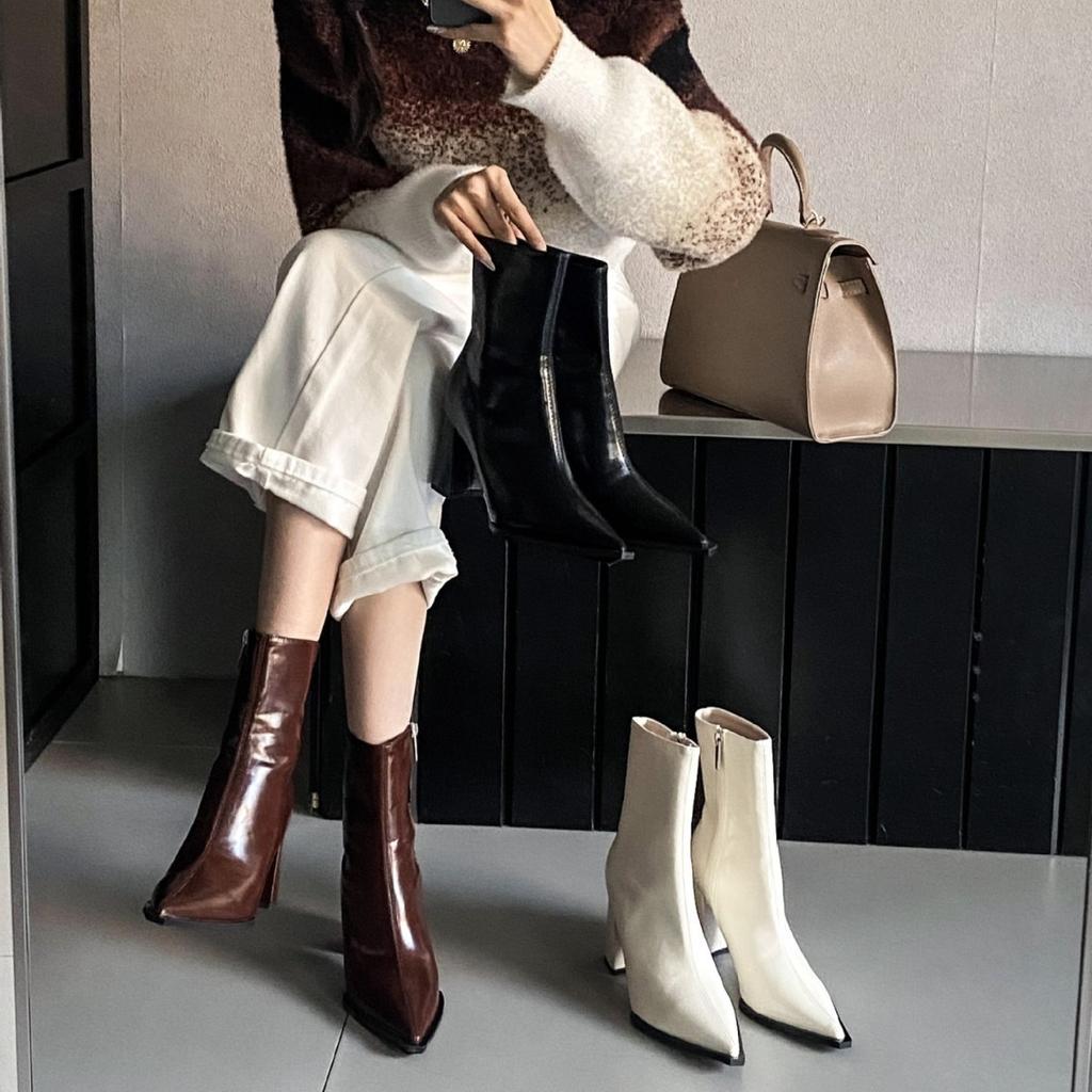 2025 autumn new pointed thick heel high heel temperament French fashion sexy beautiful women short boots