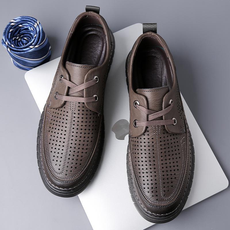 2025 Summer Men's Lace-up Soft Leather Casual Men's Shoes Hollow Rubber Sole Hole Shoes Hundred Towers Breathable Leather Sandals