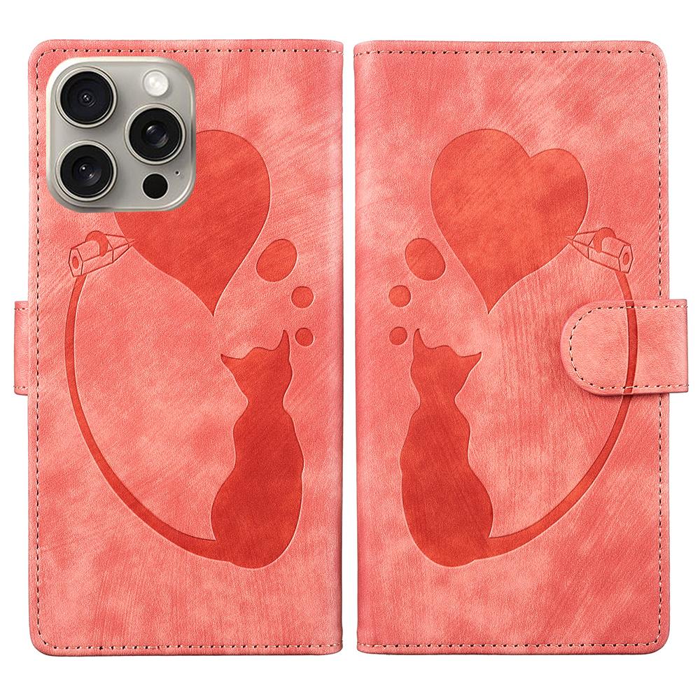 For iPhone 16 Pro Max Case Heart Cat Folding Stand PU Leather Phone Cover