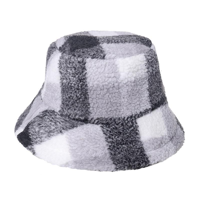ins European and American foreign trade fashion plaid thermal hat versatile men and women lamb wool bucket hat autumn and winter basin hat plaid