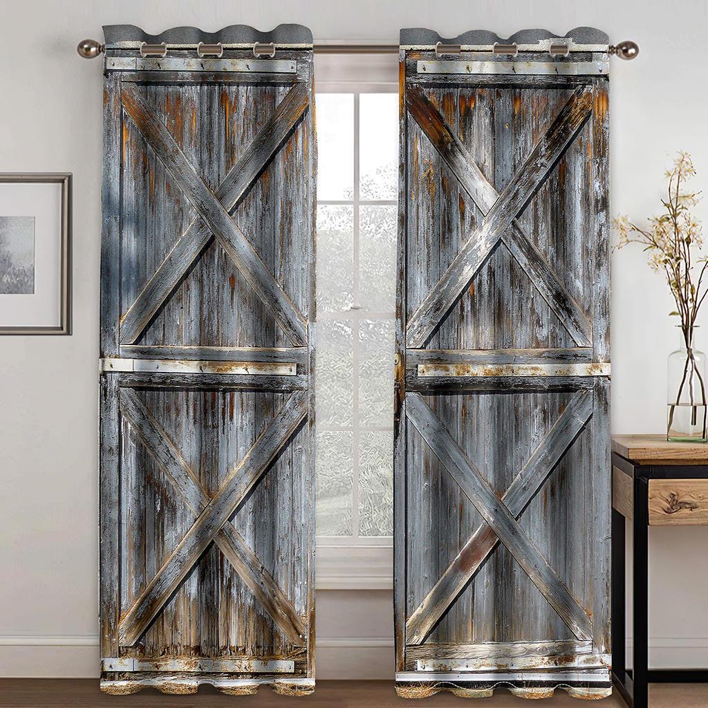 3D-Retro-Vorhänge mit echtem Holztüreffekt, 2 Paneele, geeignet für Wohnzimmer, Schlafzimmer, Küche, Balkon, europäischer und amerikanischer Wind