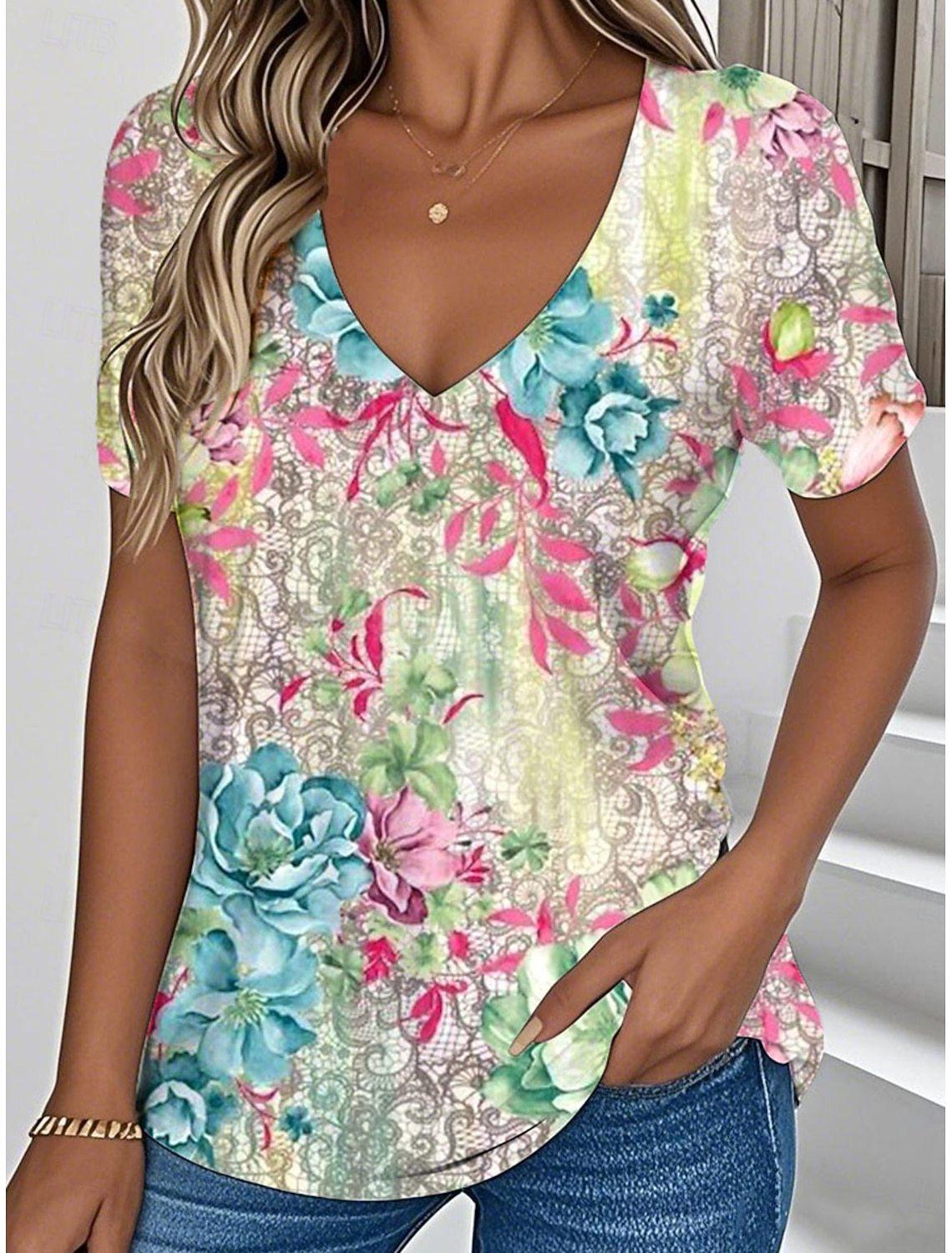 European Spring Fashion: Women s 3D Floral V-Neck Short Sleeve T-shirt 4XL