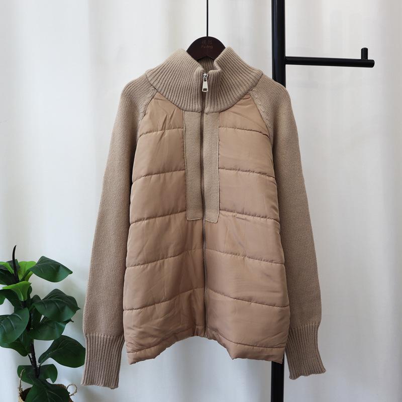 Design Sense Niche Splicing Cotton Clothes Knitted Cardigan Autumn and Winter New Loose Temperament Zipper Sweater Jacket Women