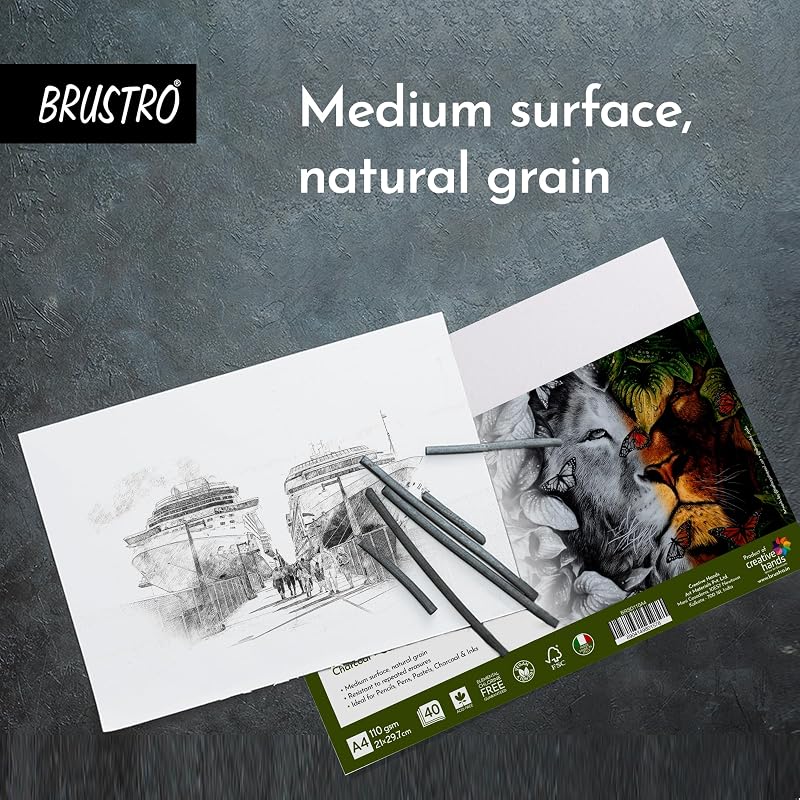 Brustro Artists Sketching Paper | 110 Gsm, A4 Size, Pack Of 40 Sheets | Medium Surface, Natural Grain, Chlorine Free, Id