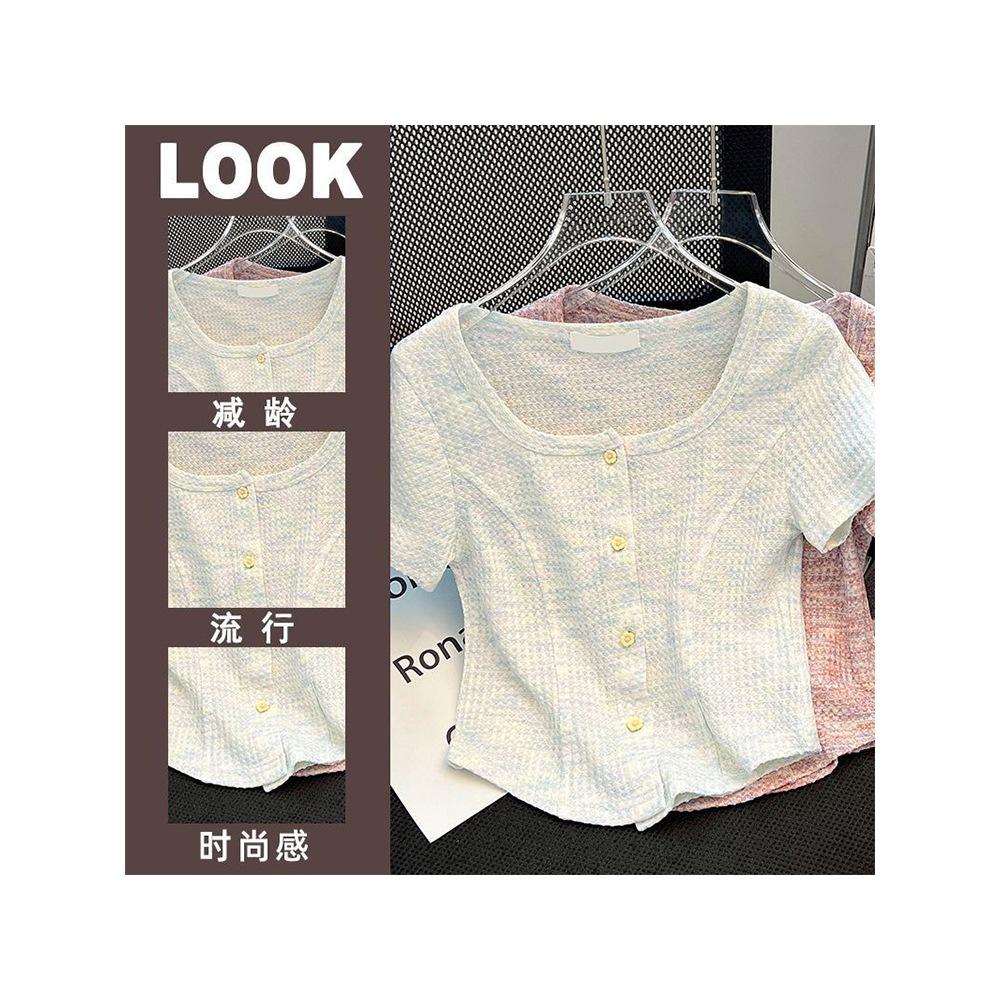 No price reduction #sweet wind niche u-neck short-sleeved t-shirt women's summer new pure desire spice girl slim versatile