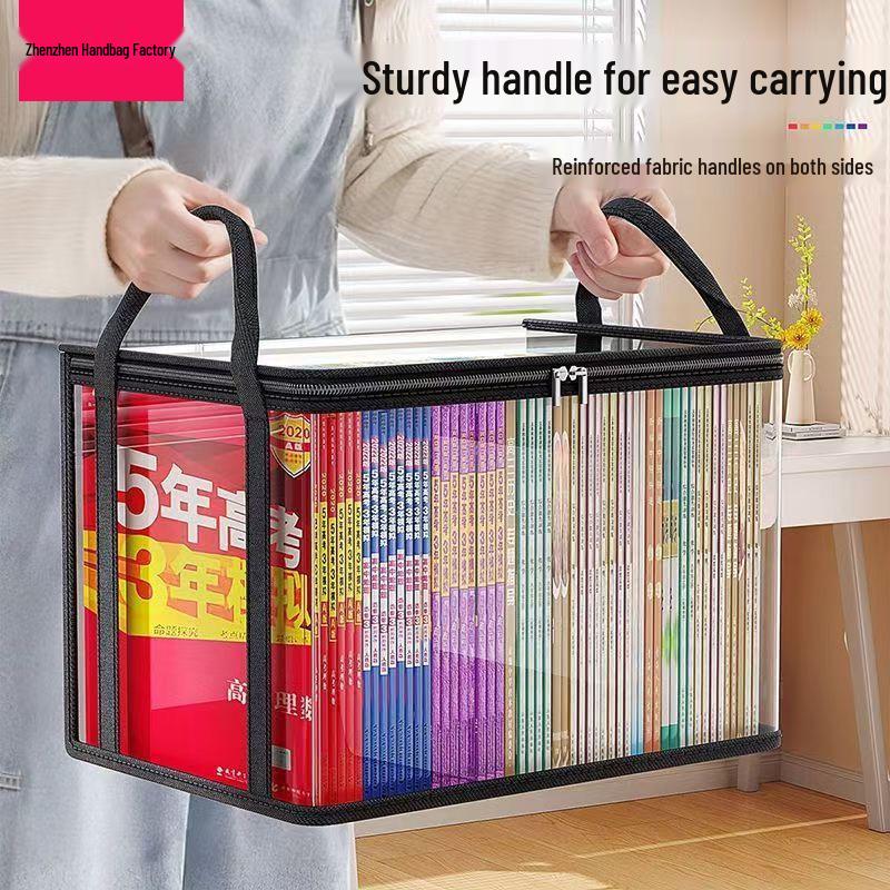 Foldable PVC Bookshelf Storage Bag for Students - Transparent Book Organizer Box for Classroom Use 38×32×24 cm чёрный