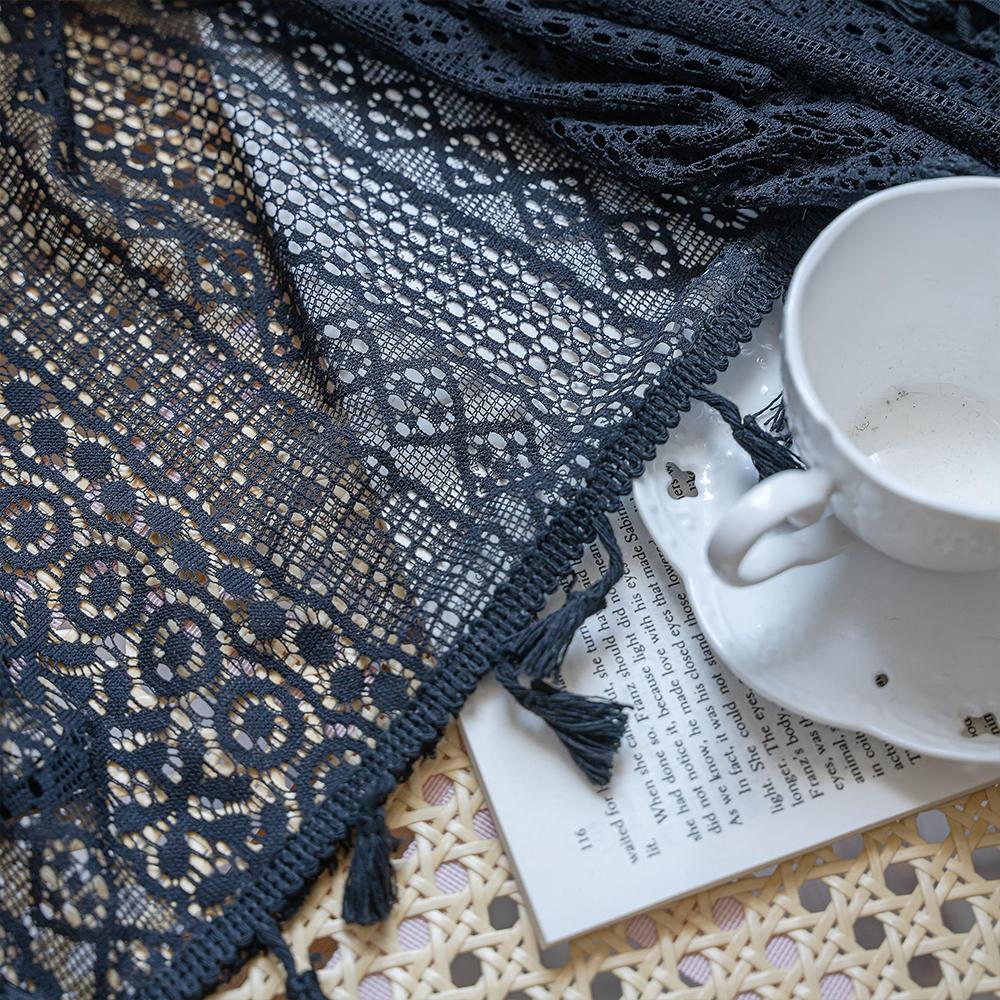 Boho Curtains Lace Semi-Sheer Hollow Knitted Handmade Tassels Rod Pocket Window Rustic Farmhouse Drapes for Living Room Bedroom