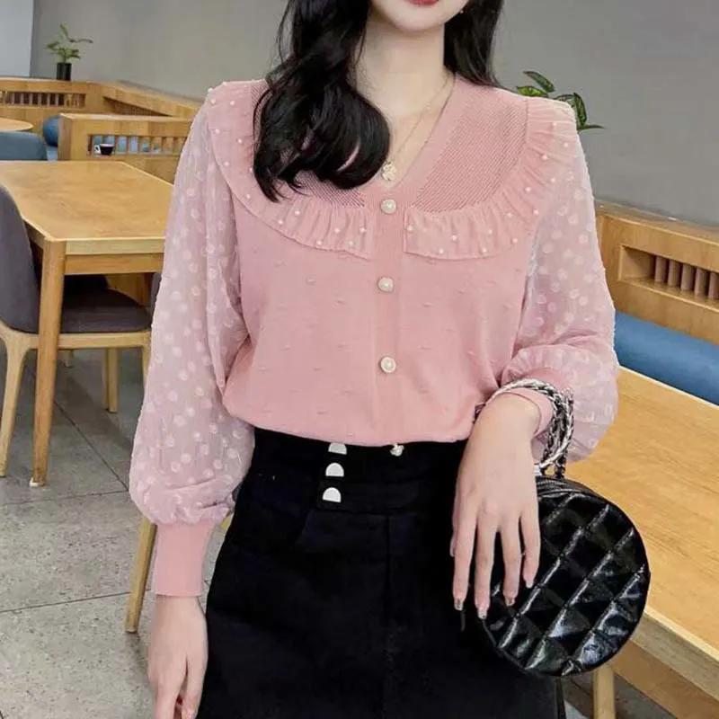 

WTEMPO Элегантные рубашки с V-образным вырезом из шифона с длинным рукавом, весна-лето, шикарные однотонные кружевные блузки большого размера в стиле пэчворк XL розовый