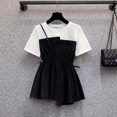 Female Summer Short-Sleeve T-Shirt Design Korean Style Patchwork Waist-Defining Top