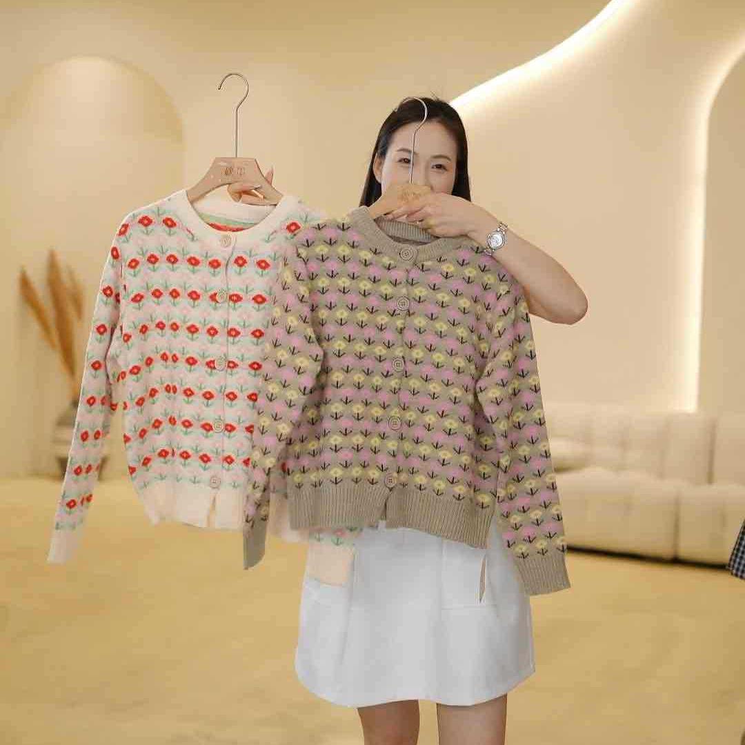 Korean Floral Jacquard Long Sleeve Knit Cardigan G One Size