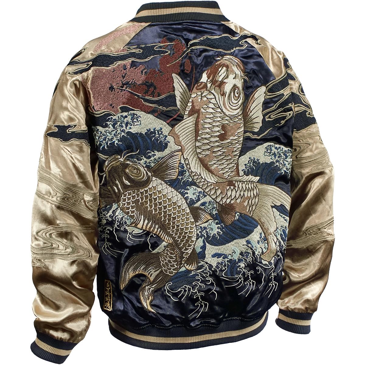 

Karakuridama Iki Sukajan Couple Carp Japanese Pattern Reversible Embroidered Full Zip Satin Shiny Blouson Gold Gold Black 243094 M [Karakuridama]