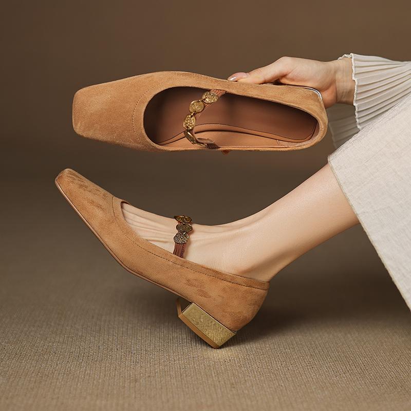 Fashion 2025 NEW Spring Women Pumps Square Toe Low Heel Shoes Sheepskin Suede Shoes for Women Concise Belt Buckle Mary Janes Shoes