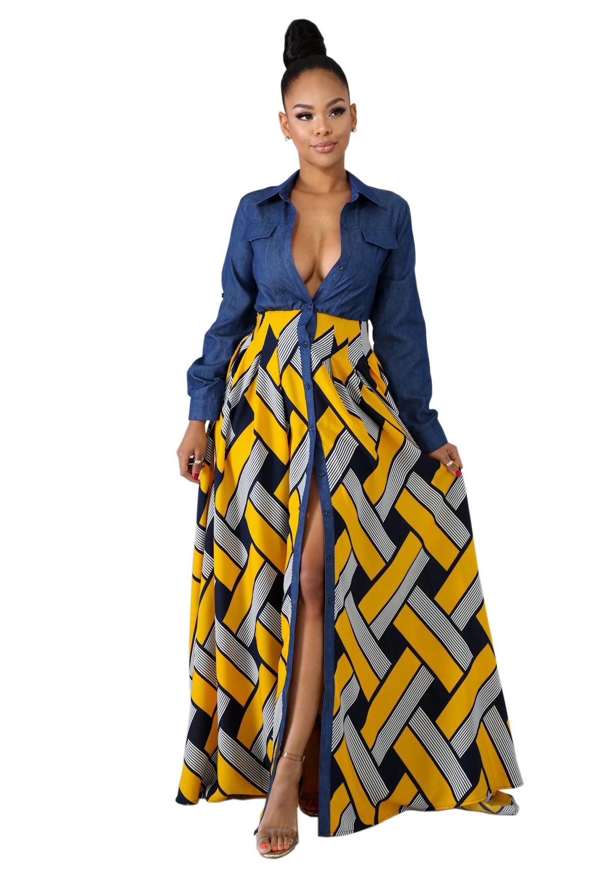 2025 European & American Women s Denim Striped Swing Maxi Dress XL жёлтый