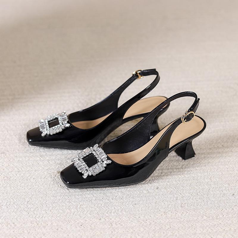 Baotou back empty sandals summer fashion 2025 new patent leather French square head single shoes rhinestone high heels stiletto