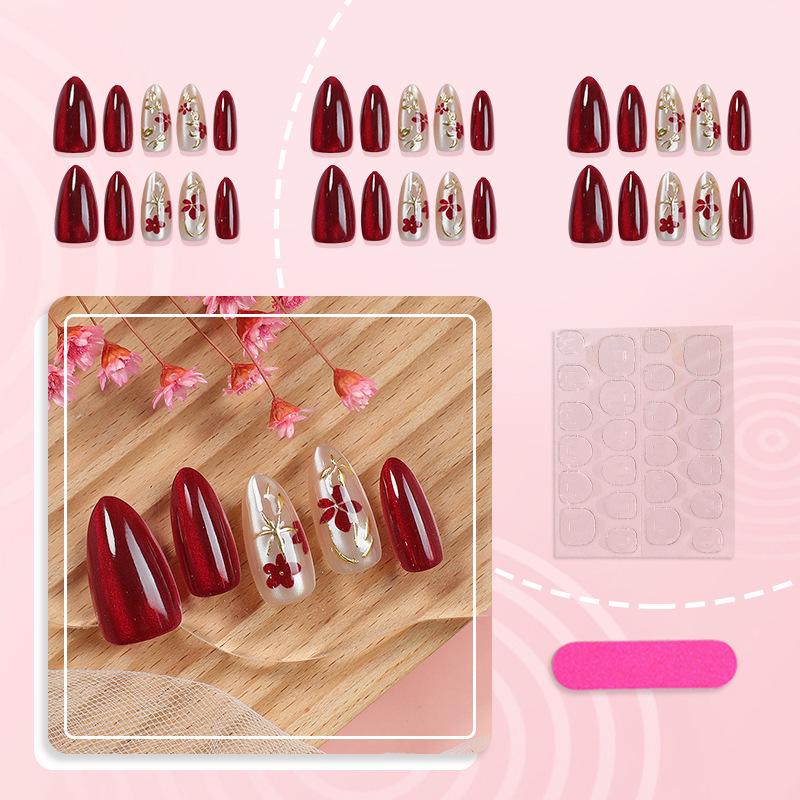 30P Plum Blossom Red Almond Cat Eye Manicure Tips - Embossed & Wearable Nails