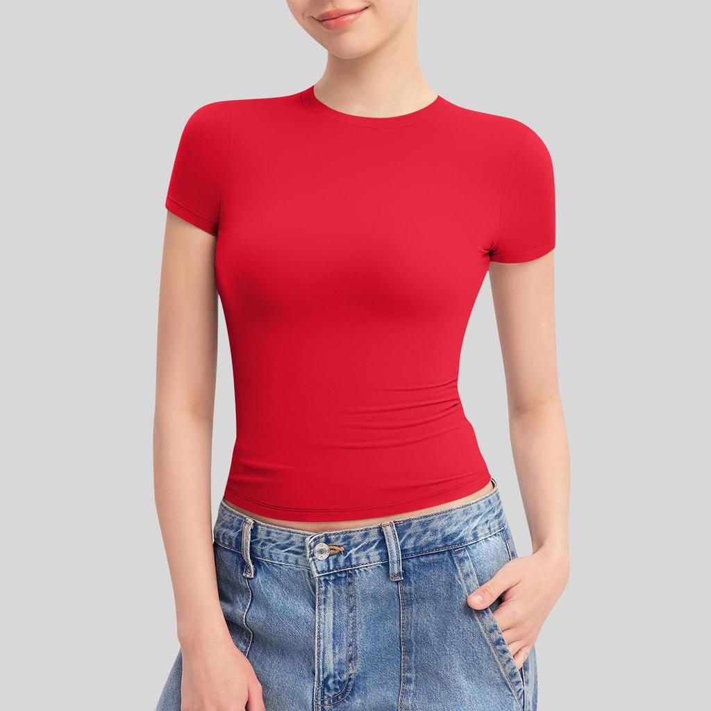 Women's Round Neck Short Sleeve Tops Double Lined Slim Fit T Shirts Basic Tee Cloud