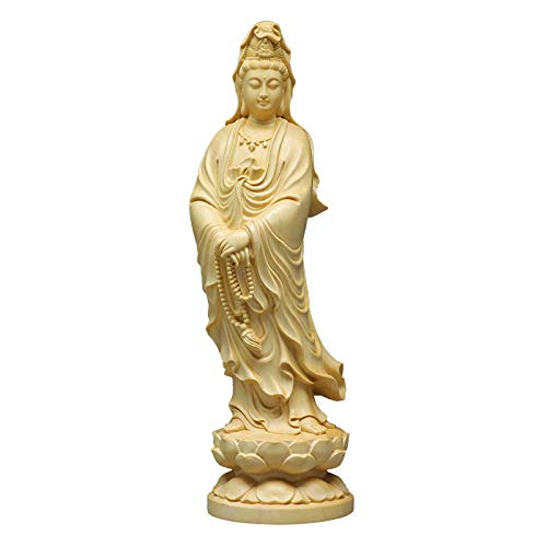 Wooden carving of Kannon (Goddess of Mercy), Feng Shui, Buddhist statue, made of boxwood, 12cm tall.