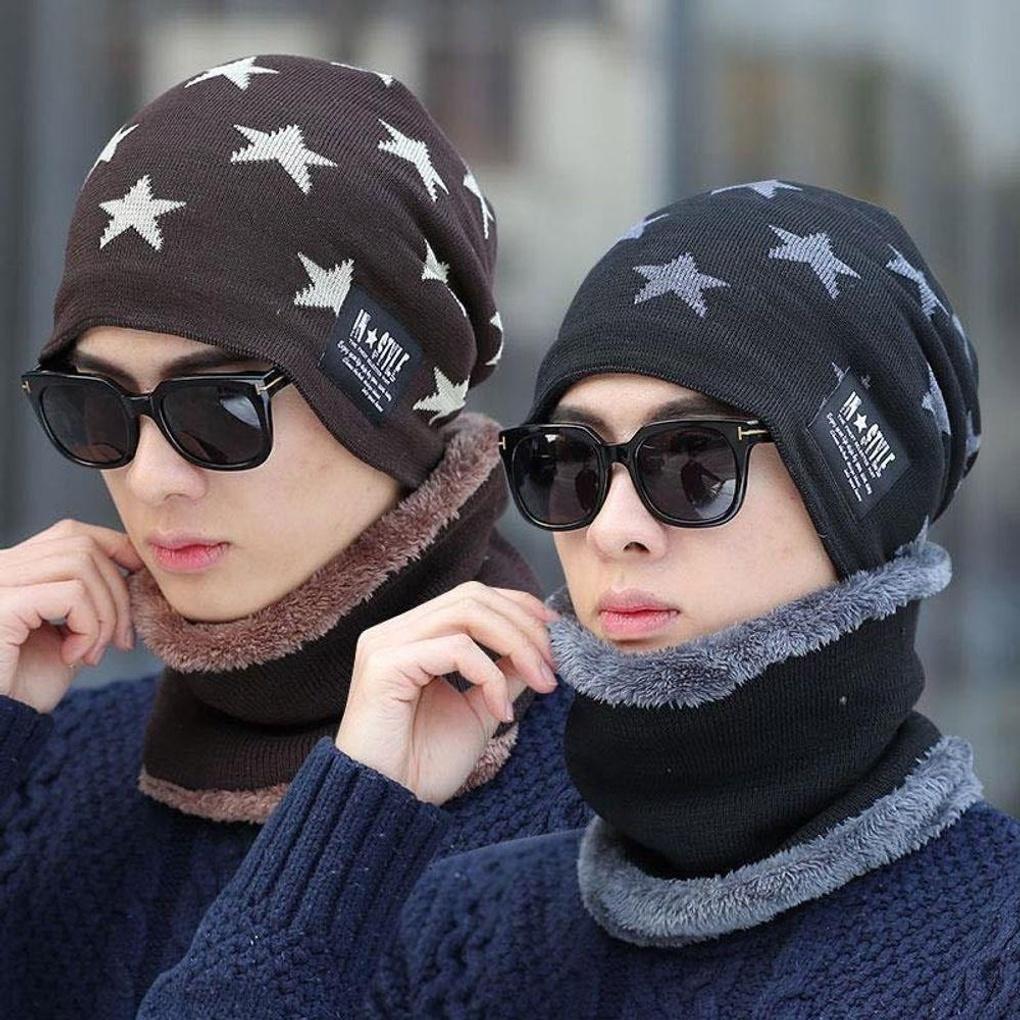 Women's Winter Star Pattern Fleece Neck Warmer Set Beanie Hat