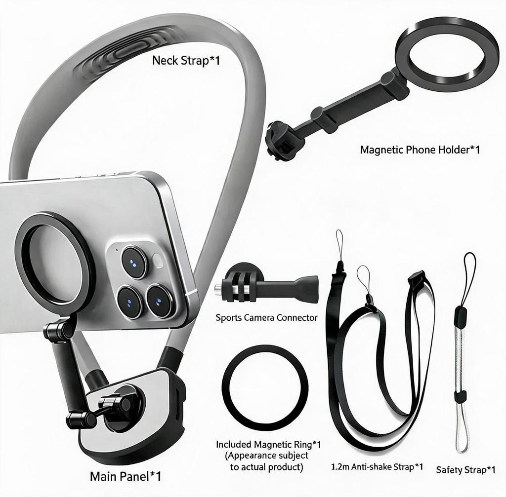 Magnetic Neck Mount for Action Camera & Smartphone, Wearable POV Vlog Strap, Quick-Release Neck Holder for GoPro DJI Insta360