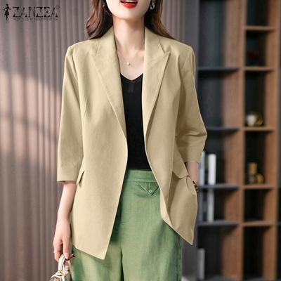 Women Casual Lapel Collar Loose 3/4 Sleeve Solid Cardigan Blouse