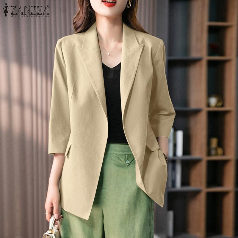 ZANZEA Women Casual Lapel Collar Loose 3/4 Sleeve Solid Cardigan Blouse