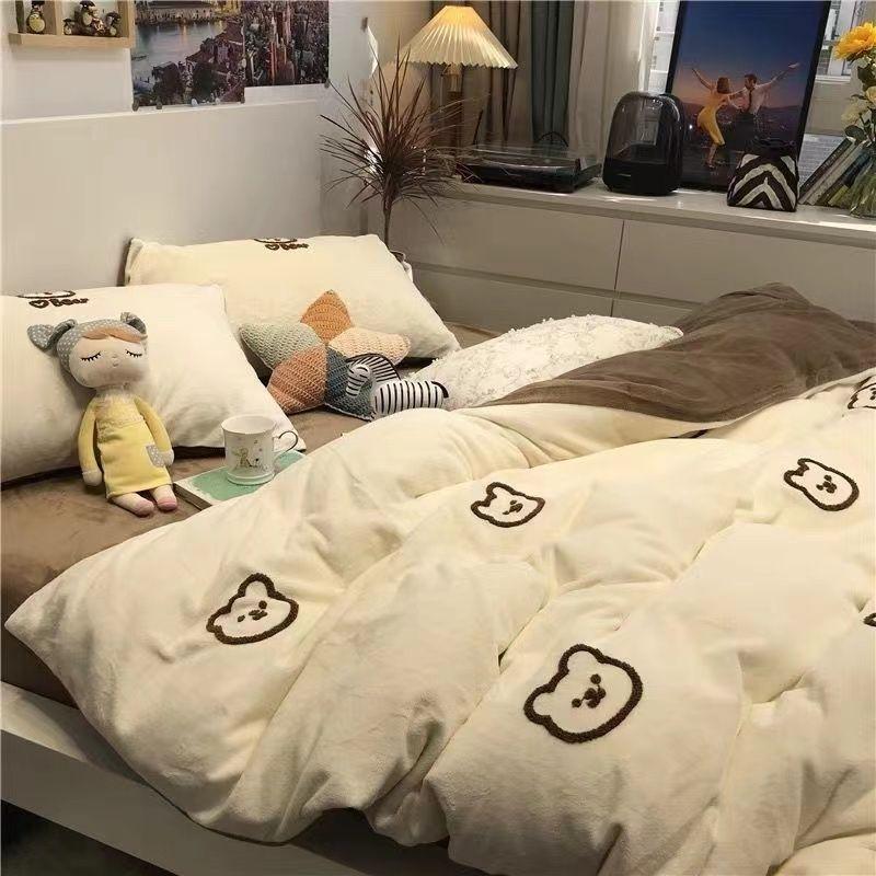 Cartoon Bear Washed Cotton Four-piece Set, Bed Sheet Quilt Cover, Bedding Three-piece Set, Dormitory