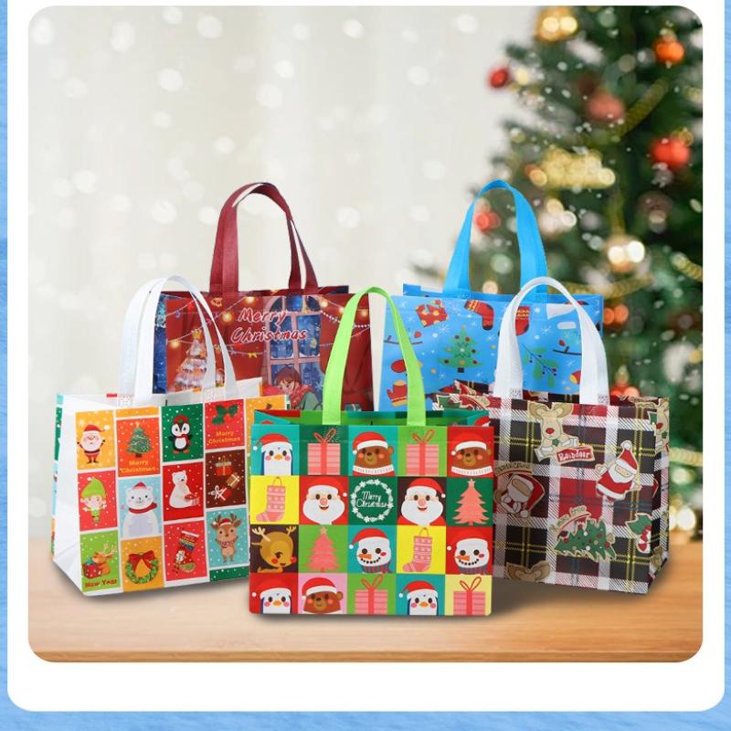 Julegavepose Julenissen Snowman Design Stor kapasitet Dobbel håndtak Non-woven Stoff Godteri Gaveemballasjepose
