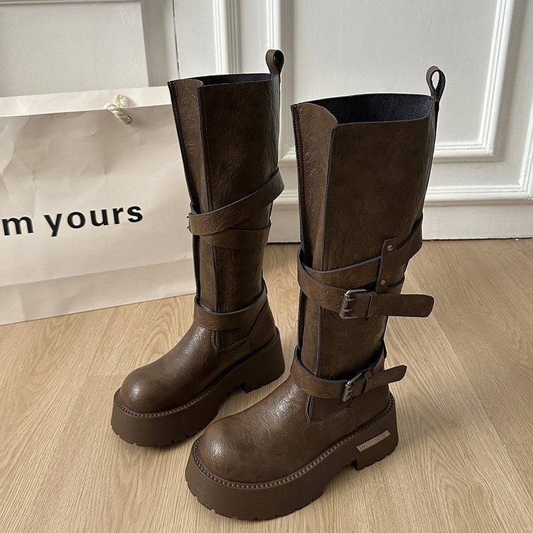 

Версия из коровьей кожи~ Ботинки Venom 2025 новые на толстой подошве с увеличением роста ретро пряжка-ремень рыцарские ботинки длинные ботинки высокие ботинки 40 хаки