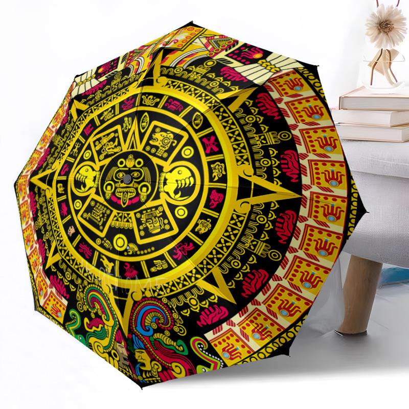 Aztekenkalender-Scheibe Outdoor Automatischer Regenschirm Kompakt 8-Rippen Leicht Langlebig Täglicher Begleiter Regenschirm Outdoor-Accessoire Stilvolles Geschenk für Frauen