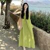 Seaside holiday wind one-word shoulder suspender dress women's summer new loose fresh lazy green dress