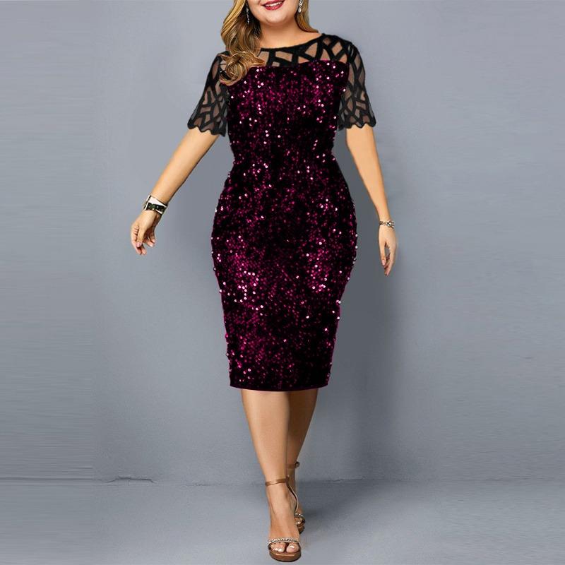 Women Plus Size Sequin Lace Short Sleeve Bodycon Midi Casual Dress