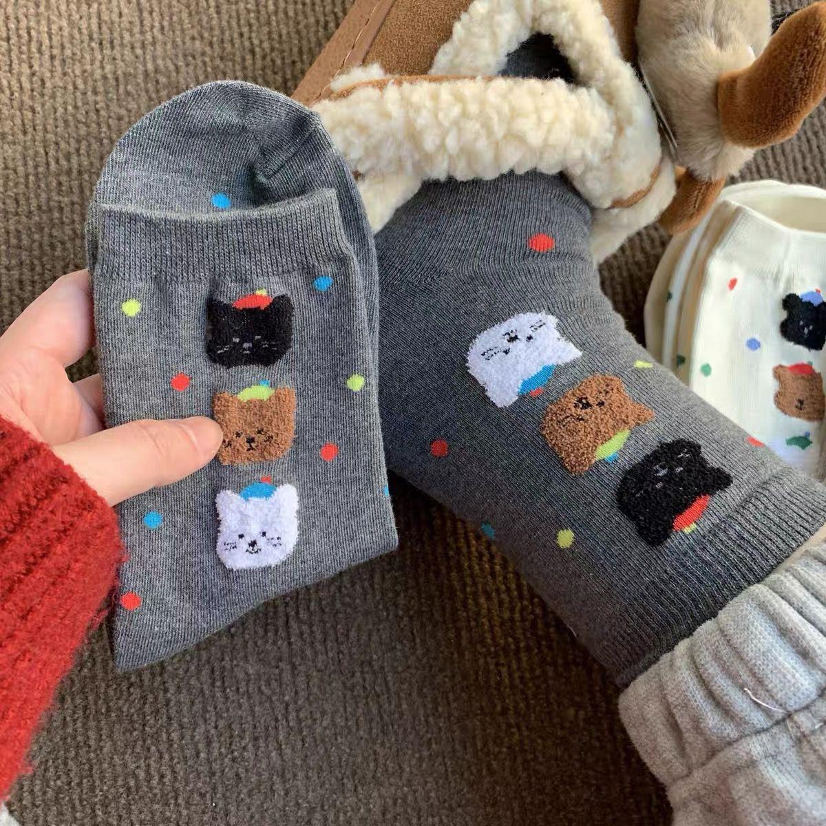 Женские весенне-осенние махровые мультяшные цветные хлопковые носки средней длины 1 pair серый