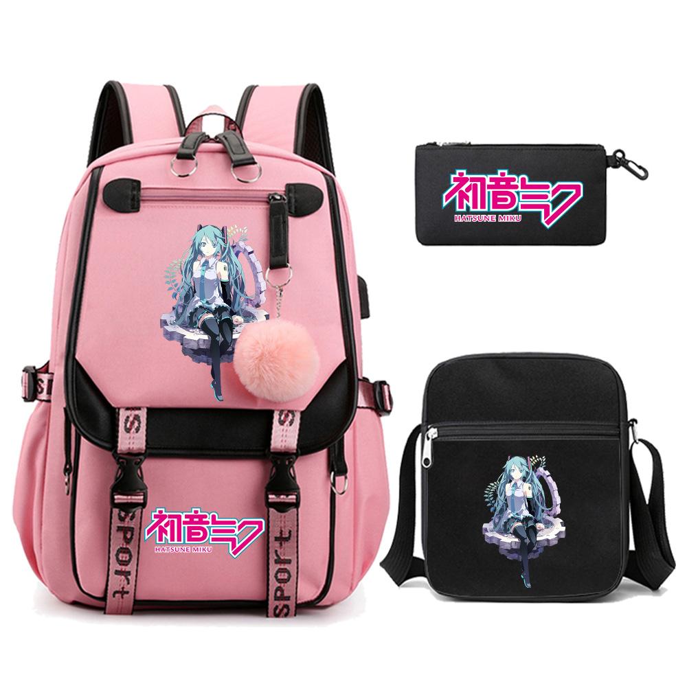 3ks/sada Anime Kreslený Batoh s Potiskem Hatsune Miku s Taškou přes Rameno pro Teenagera Studenta Dívku Chlapce Velkokapacitní Voděodolný Školní Batoh Mochila