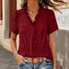 Women Loose Fit Short Sleeve Blouse Ruffle Trim V Neck Button Down Casual Lightweight Top for Summer Work and Daily Wear