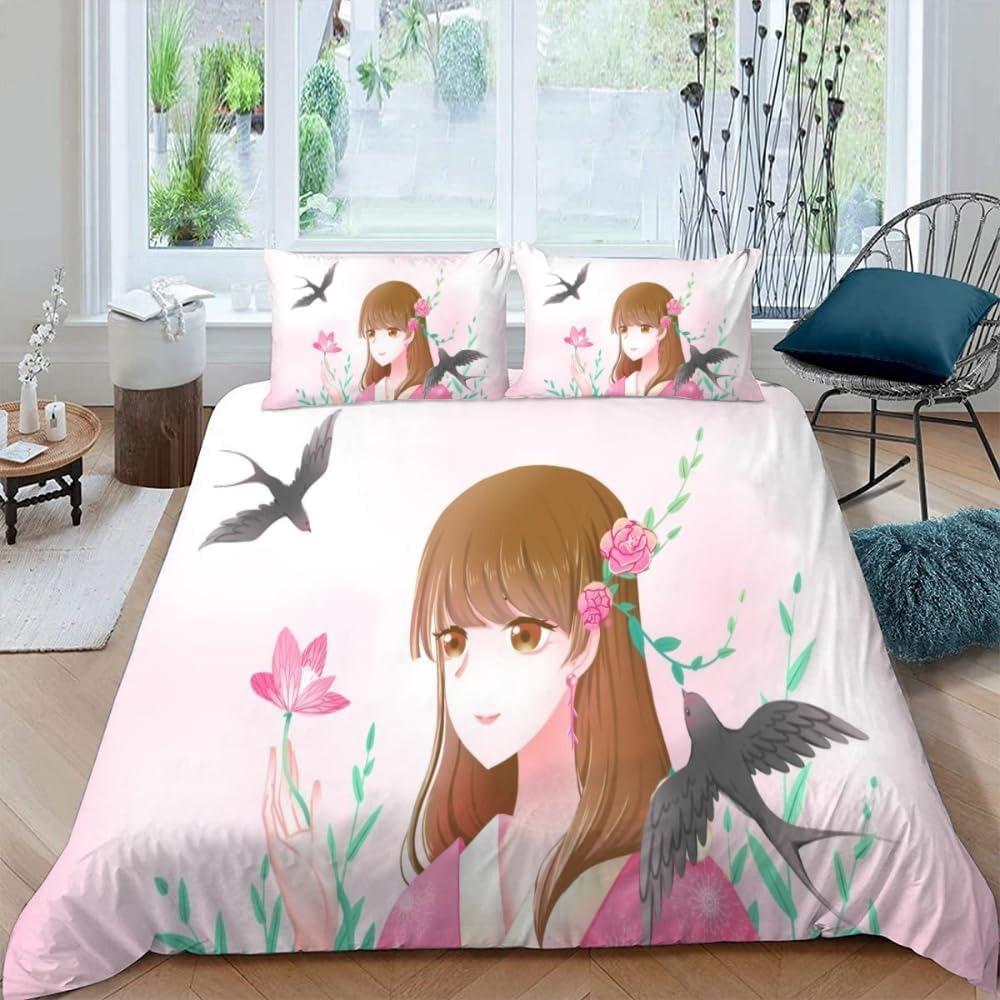 Anime Beautiful Girl Duvet Cover Set ,Cartoon Printed Patterned with Pillowcases, Soft Microfiber Quilt Covers for Girls