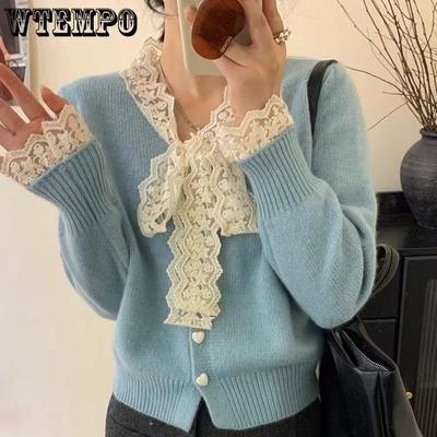 Lace and Pearl Cardigan Women's Bow Knitted Cardigan Loose Sweater for Autumn and Winter Long-sleeved Top Coat