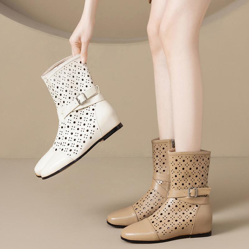 Fashion Women's new leather and cowhide round toe boots with spring and autumn height increase and calf mid heel plus size short boots