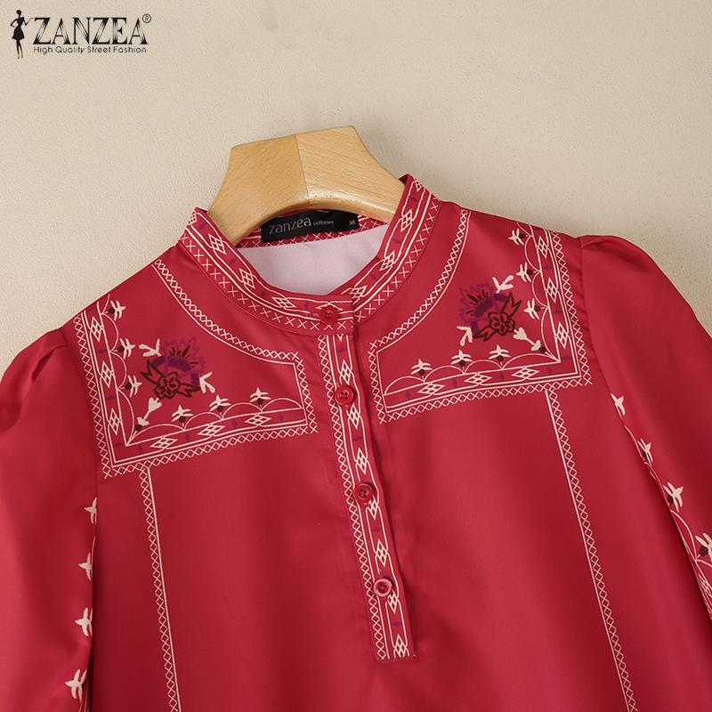 ZANZEA Women Casual Stand Collar Loose 3/4 Sleeve Print Blouse