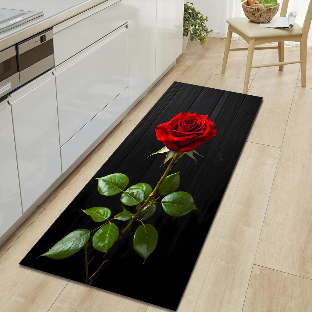 1Pcs Cat Rose Pattern Floor Mat Modern Kitchen Polyester Rug Non-Slip Colorful Indoor Carpet, For Home Bathroom Bedroom Living Room Decor