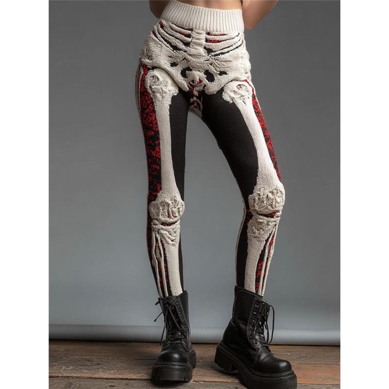 Vintage 3D kötött leggings nőknek gótikus mintával magas derék szűk nadrág Y2K punk utcai viselet rugalmas karcsúsított nadrág
