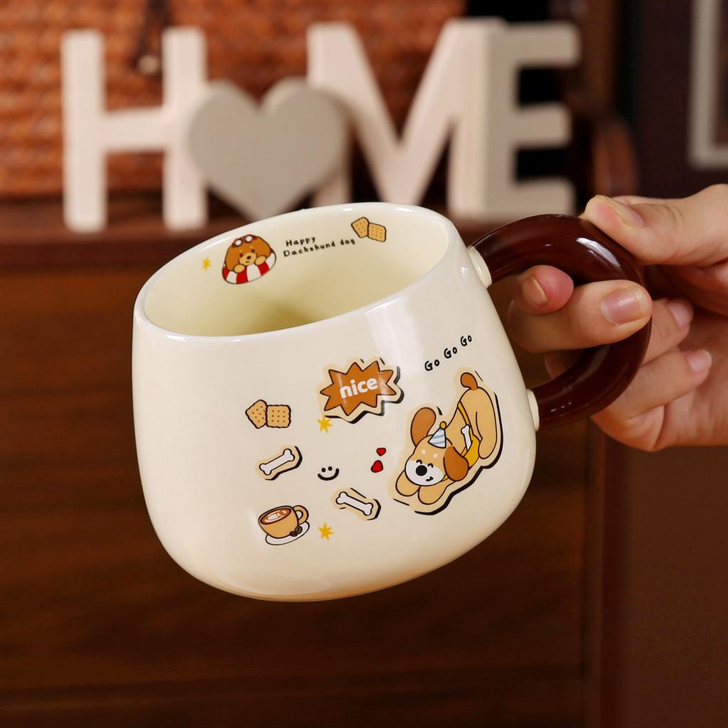Dackel Keramik Wasserbecher Süße Tasse mit Deckel und Löffel Kreativer Jungenstil Kinder Frühstückstasse Große Kapazität