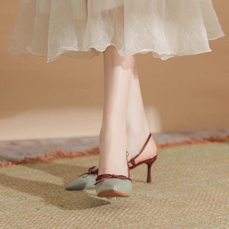 Popular bow pointed head thin heel high heel single shoes with bag head sandals sexy super fairy high heels