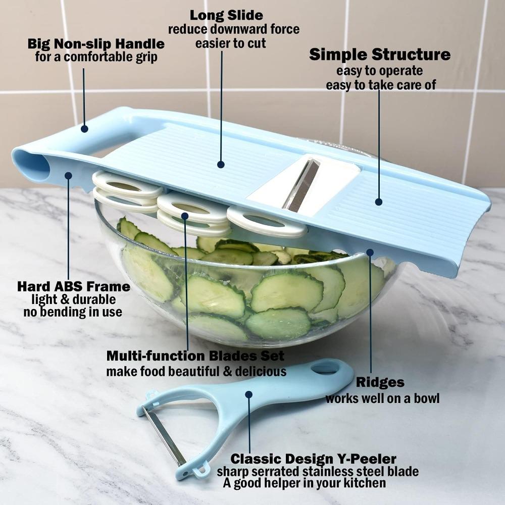 5 in 1 Slicer for Kitchen, Vegetable Cutter with Multi Blade for Potato Chips, Julienne, Shredder & Peeler, Blue